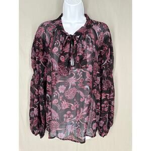 Sanctuary Top Womens Small Black Pink Floral Sheer Boho Bohemian Neck Tie